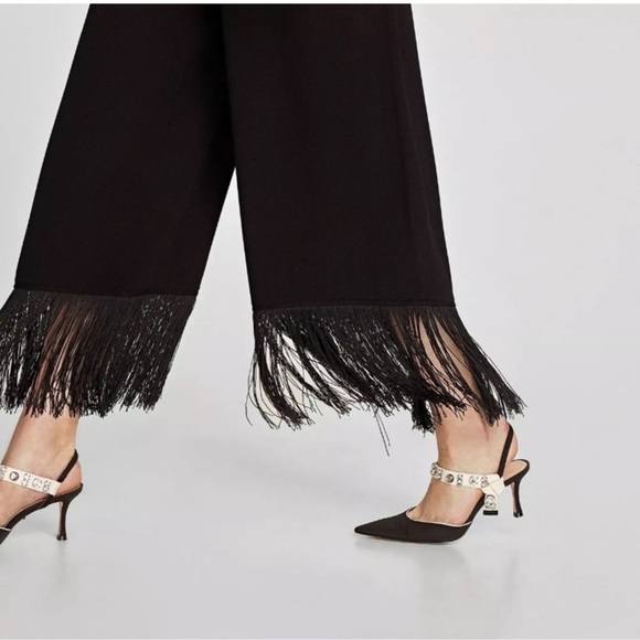 Zara Black Wide Leg Fringe Jumpsuit Size Medium Southwestern Whimsy Goth - Picture 3 of 15